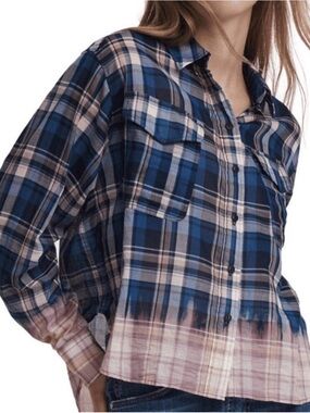 XS rag & bone Blue Plaid Button-Down Shirt with Dip-Dye Hem